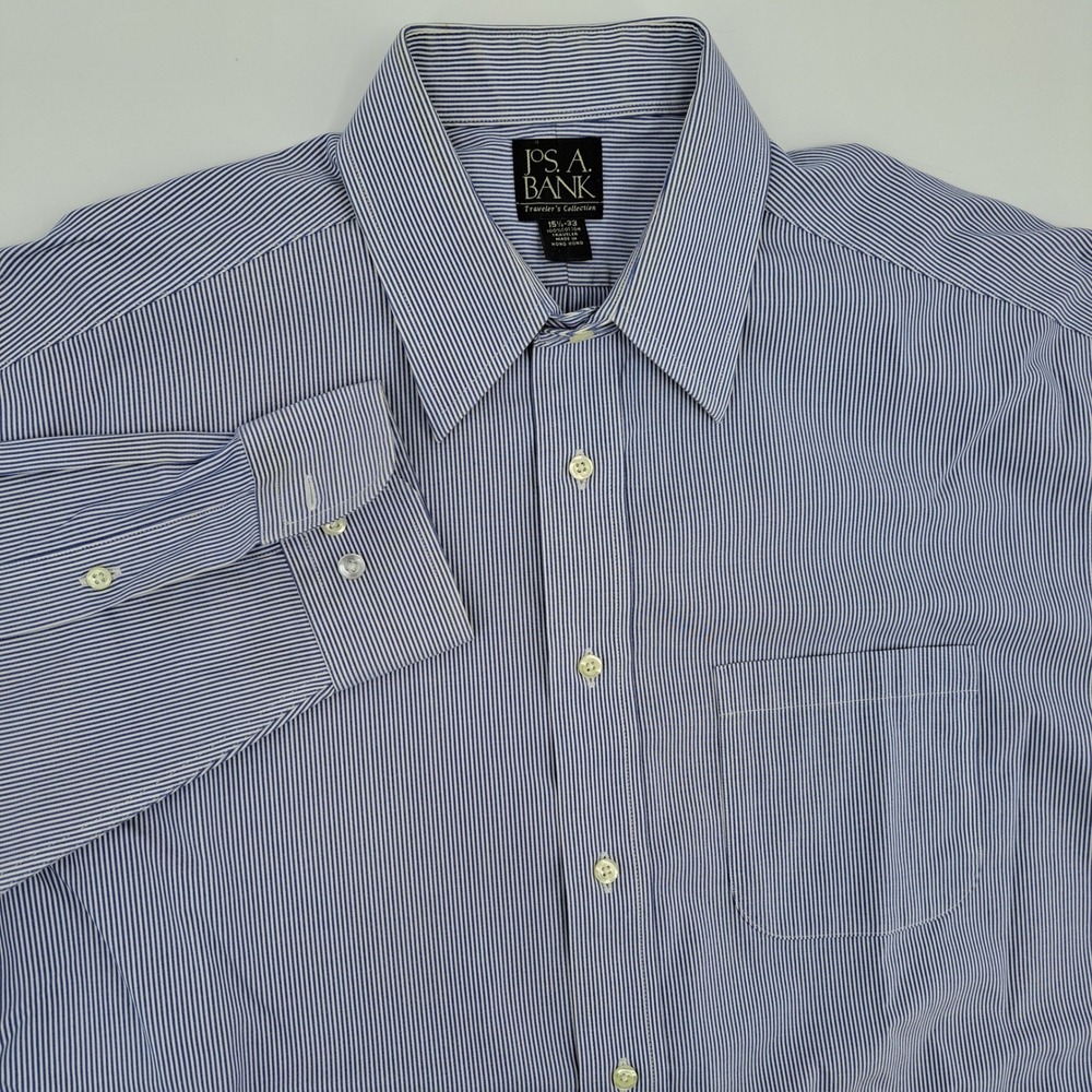 Jos. A. Bank Traveler's Collection Dress Shirt Mens 15.5-33 Cotton Blue Stripe